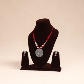 Red - german silver necklace set with beads 45 - handcrafted