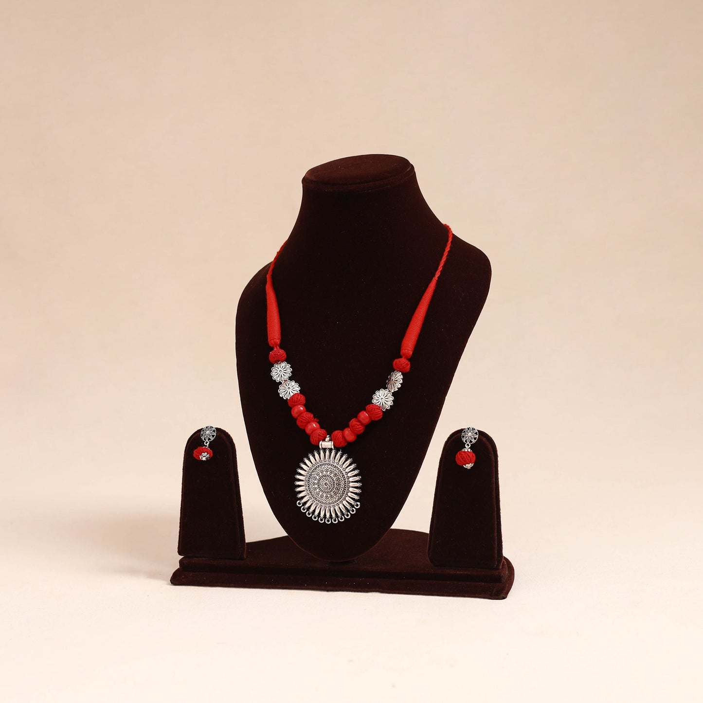 Red - german silver necklace set with beads 48 - handcrafted
