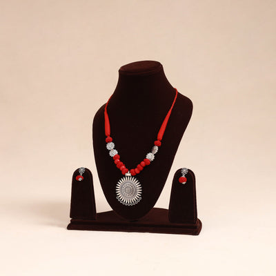Red - german silver necklace set with beads 48 - handcrafted