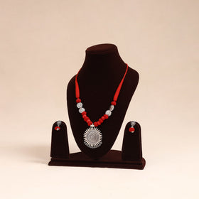 Red - german silver necklace set with beads 48 - handcrafted