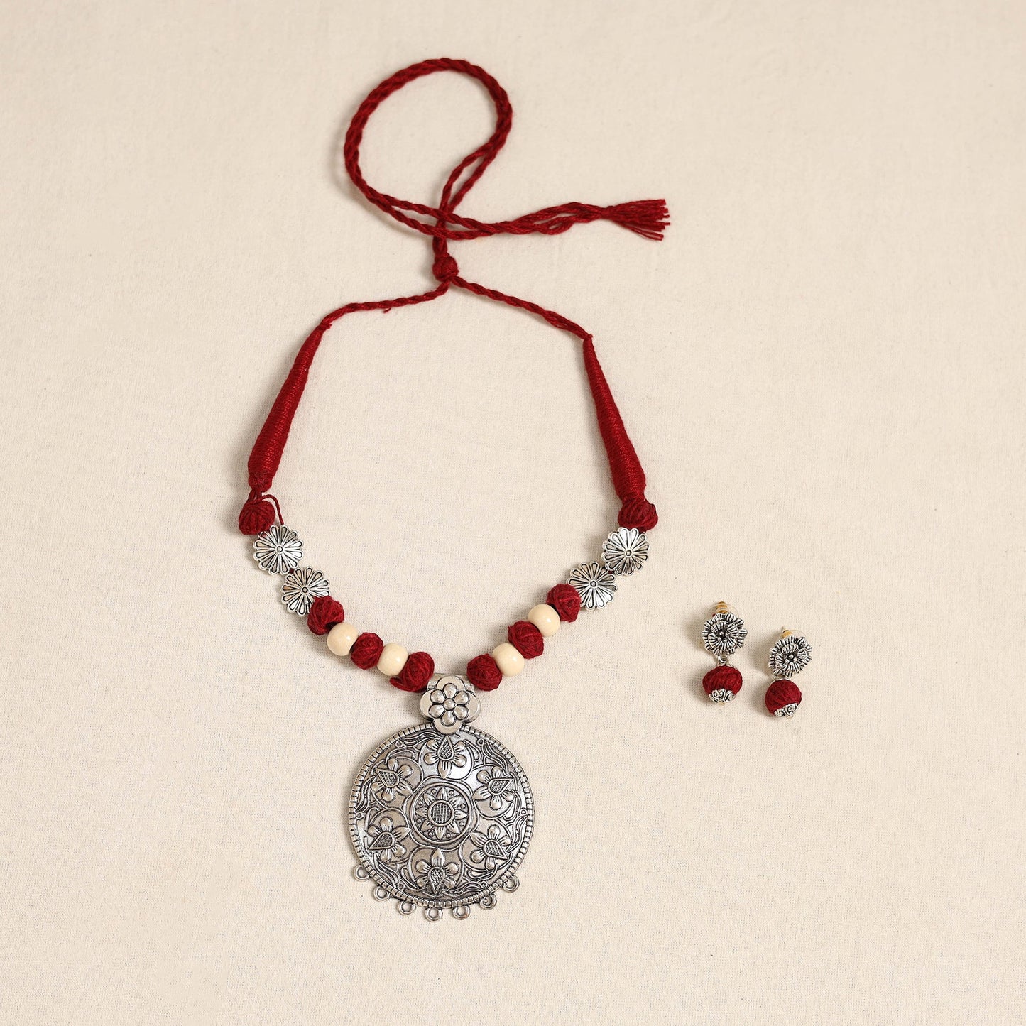 Red - german silver necklace set with beads 53 - handcrafted