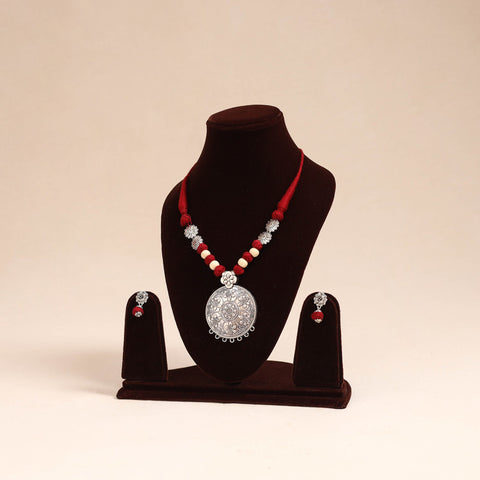 Red - german silver necklace set with beads 53 - handcrafted