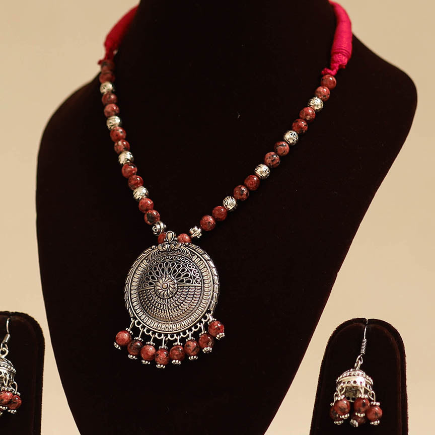 Red - german silver necklace set with glass stones 27