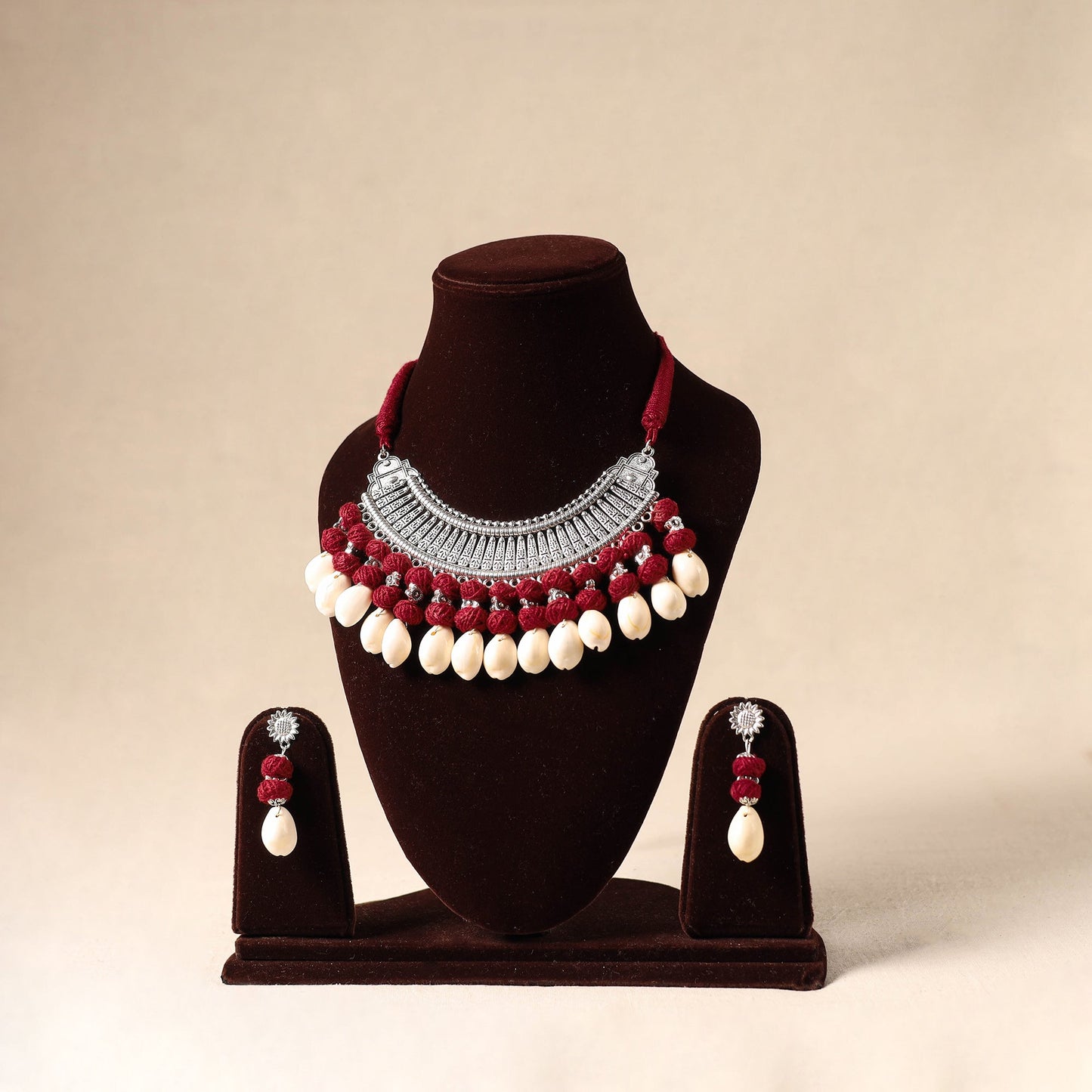Red - german silver necklace set with shell & thread beads