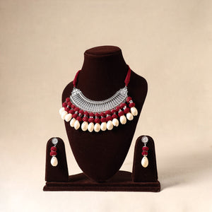 Red - german silver necklace set with shell & thread beads