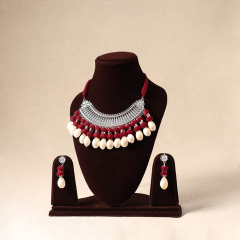 Red - german silver necklace set with shell & thread beads