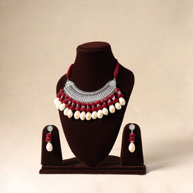 Red - german silver necklace set with shell & thread beads