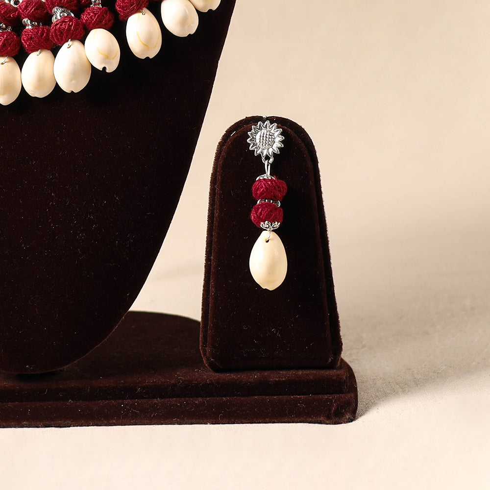 Red - german silver necklace set with shell & thread beads
