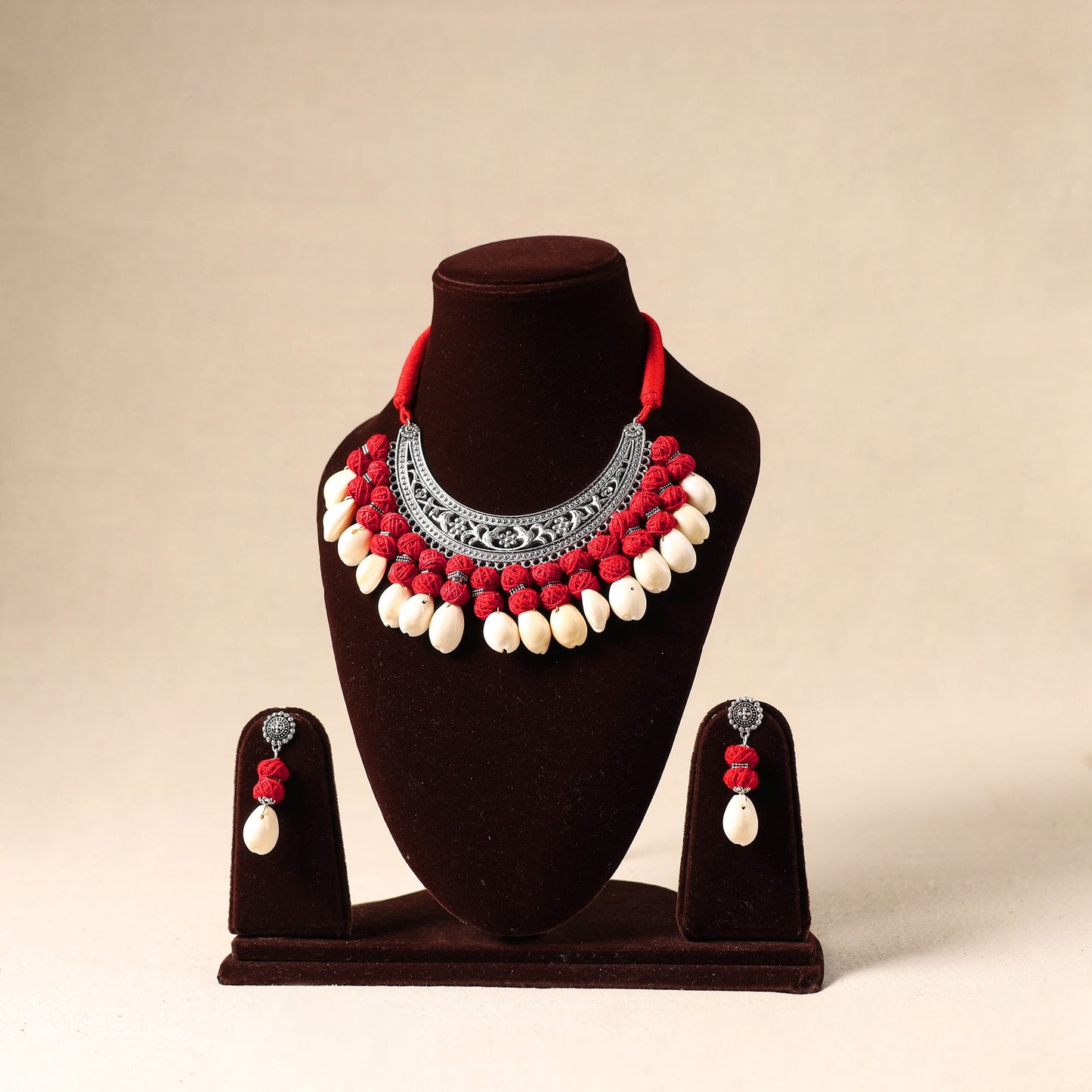 Red - german silver necklace set with shell & thread beads