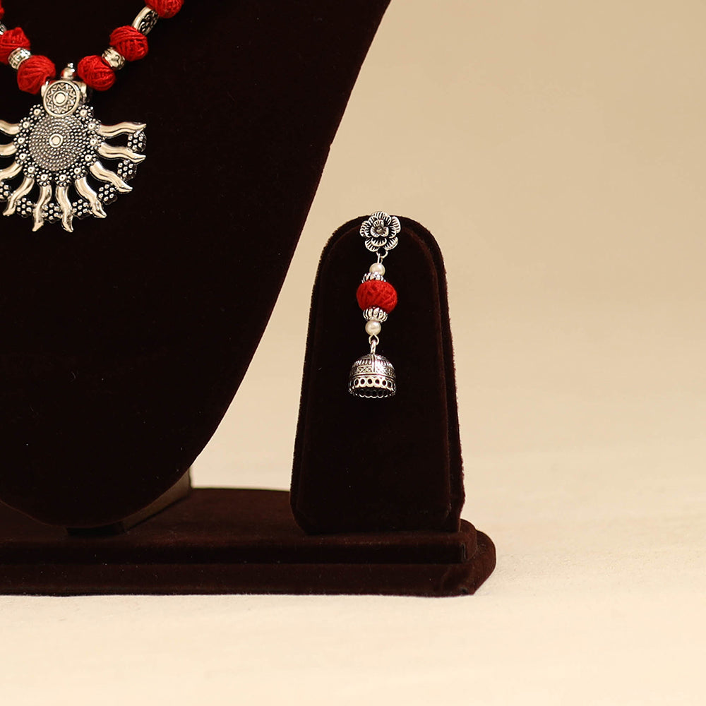 Red - german silver necklace set with thread beads 19