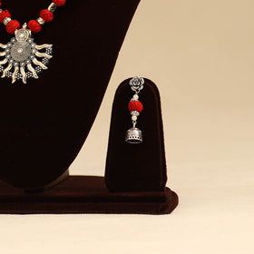 Red - german silver necklace set with thread beads 19