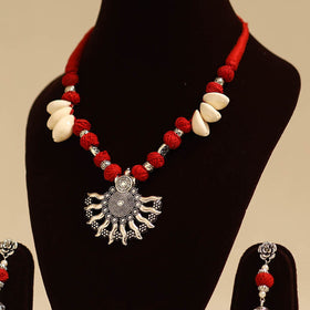 Red - german silver necklace set with thread beads 19