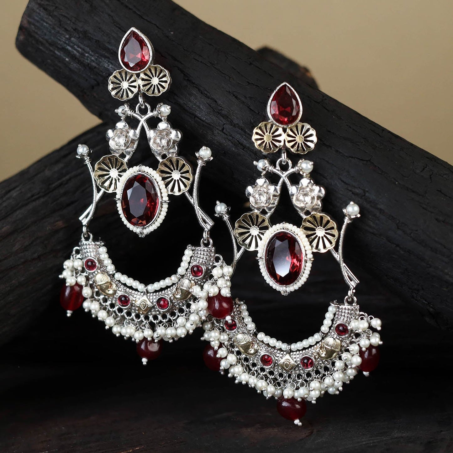 White German Silver-Plated Ethnic Drop Earrings