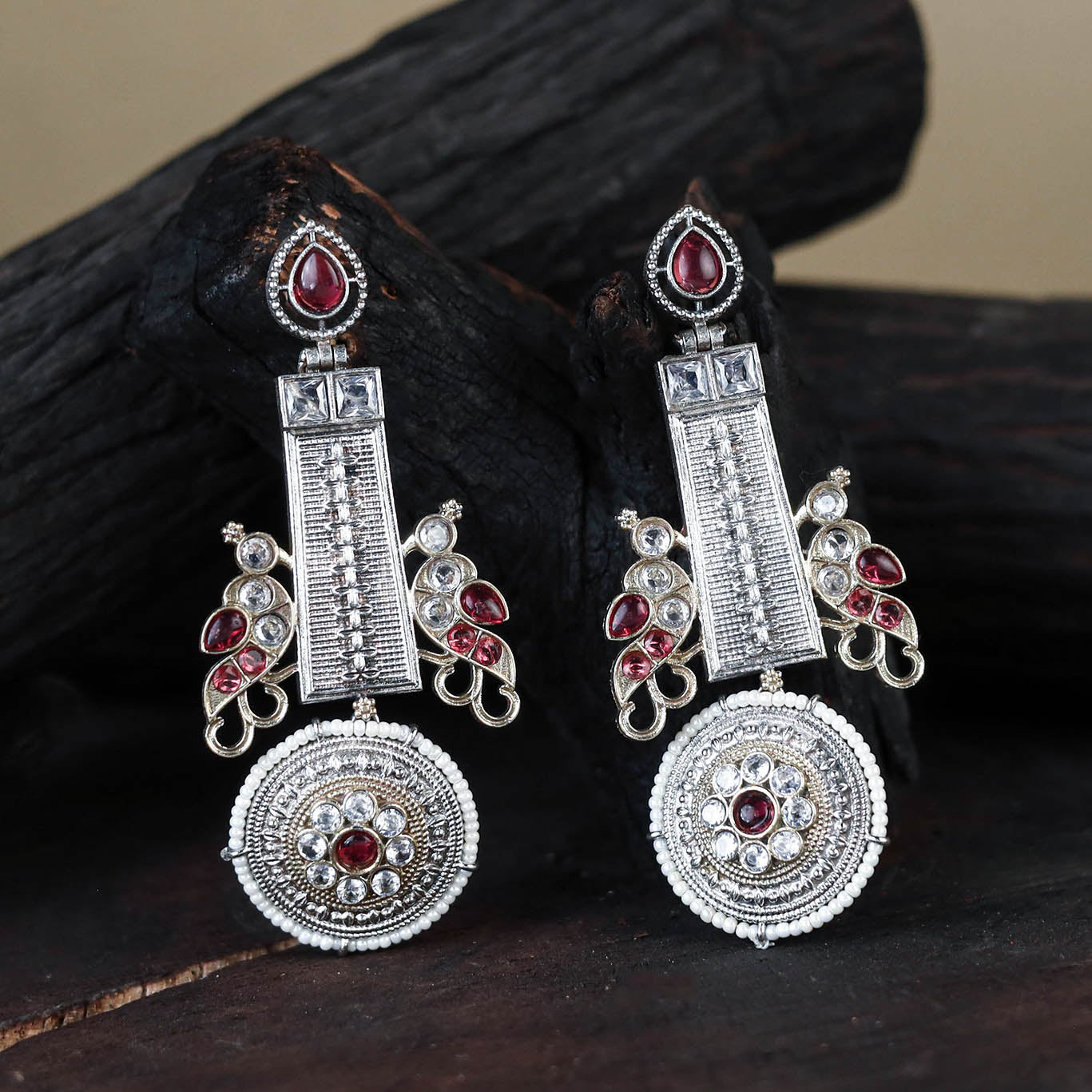 White German Silver-Plated Ethnic Drop Earrings