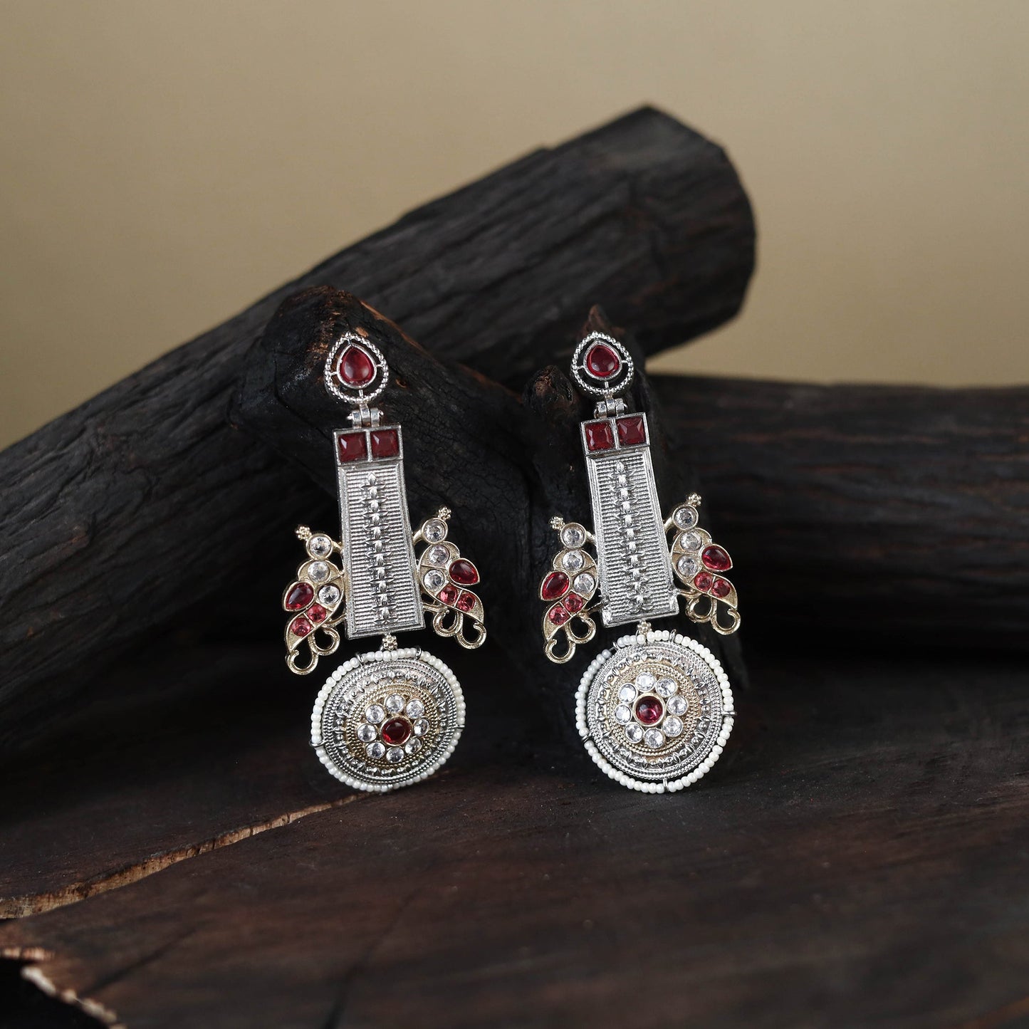 White German Silver-Plated Ethnic Drop Earrings