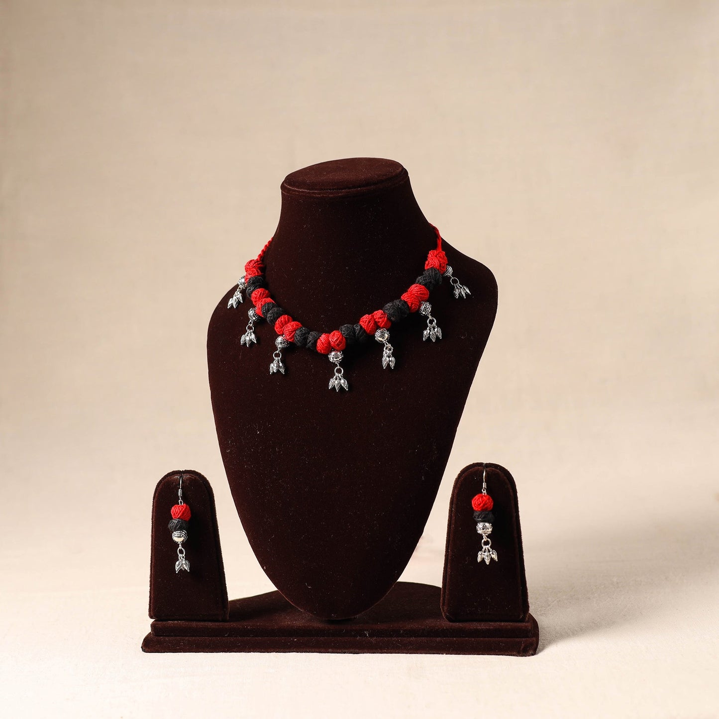 Red - german silver thread beads necklace set 01