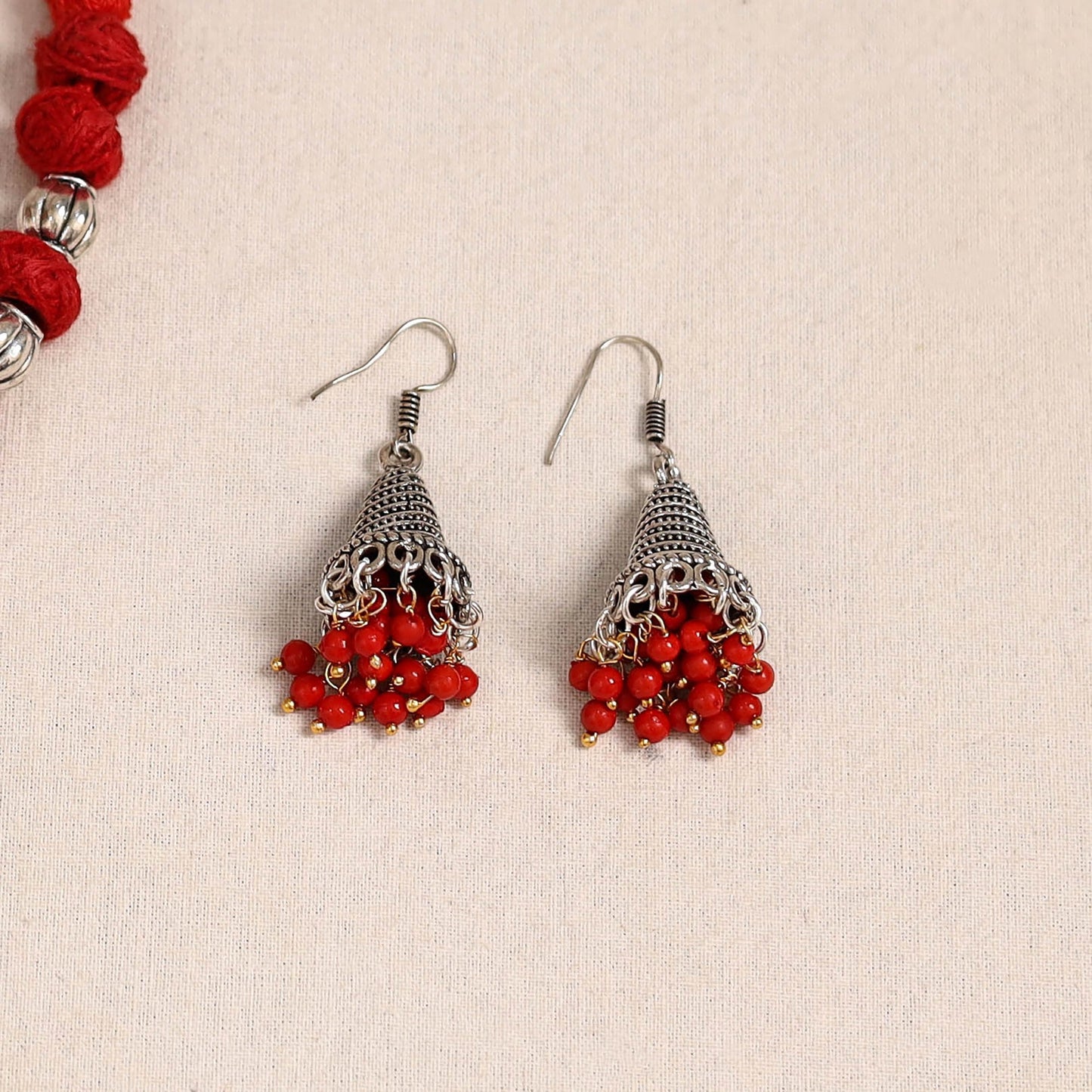 Red German Silver Thread Beads Necklace Set