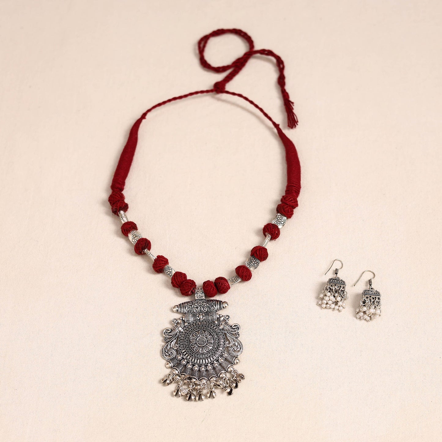 Red German Silver Thread Beads Necklace Set