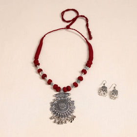 Red German Silver Thread Beads Necklace Set