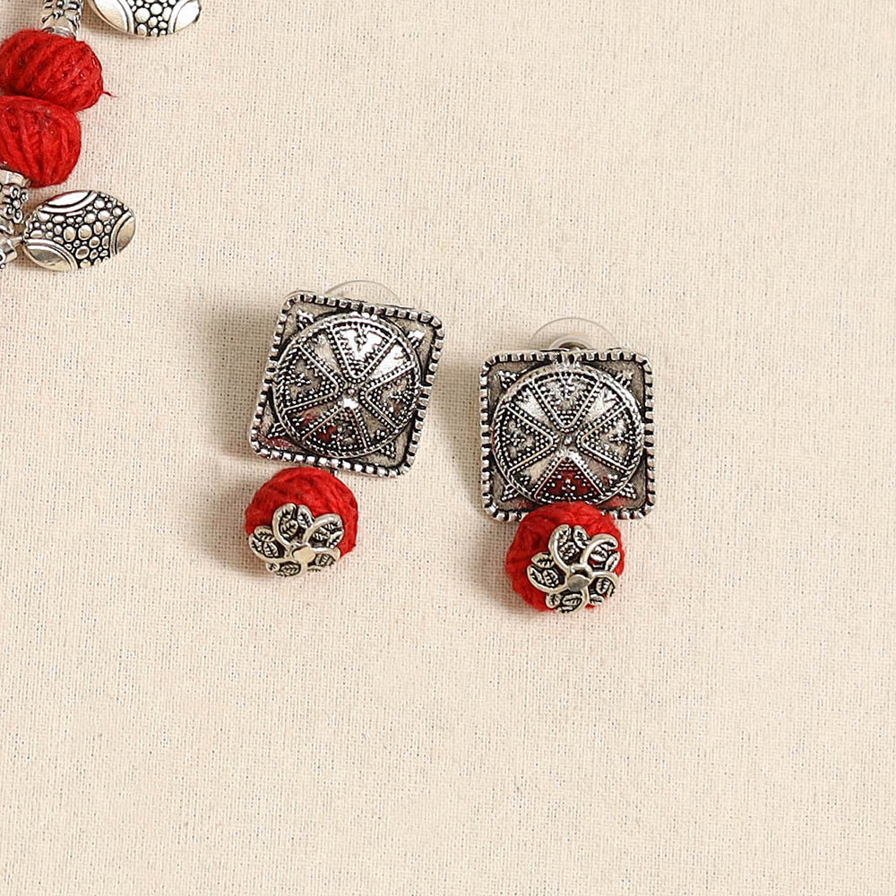 Red - german silver thread beads necklace set 33