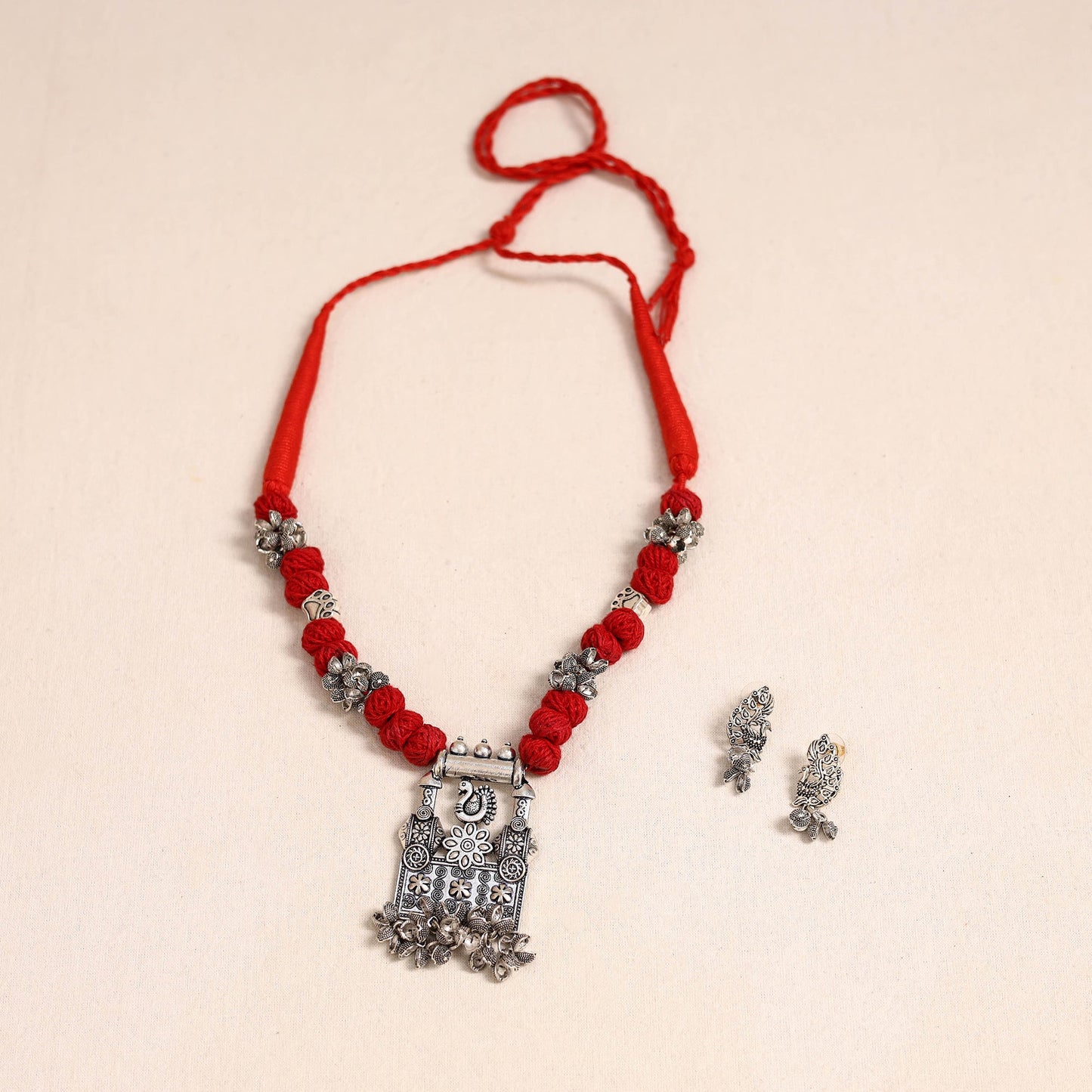 Red - german silver thread beads necklace set 34