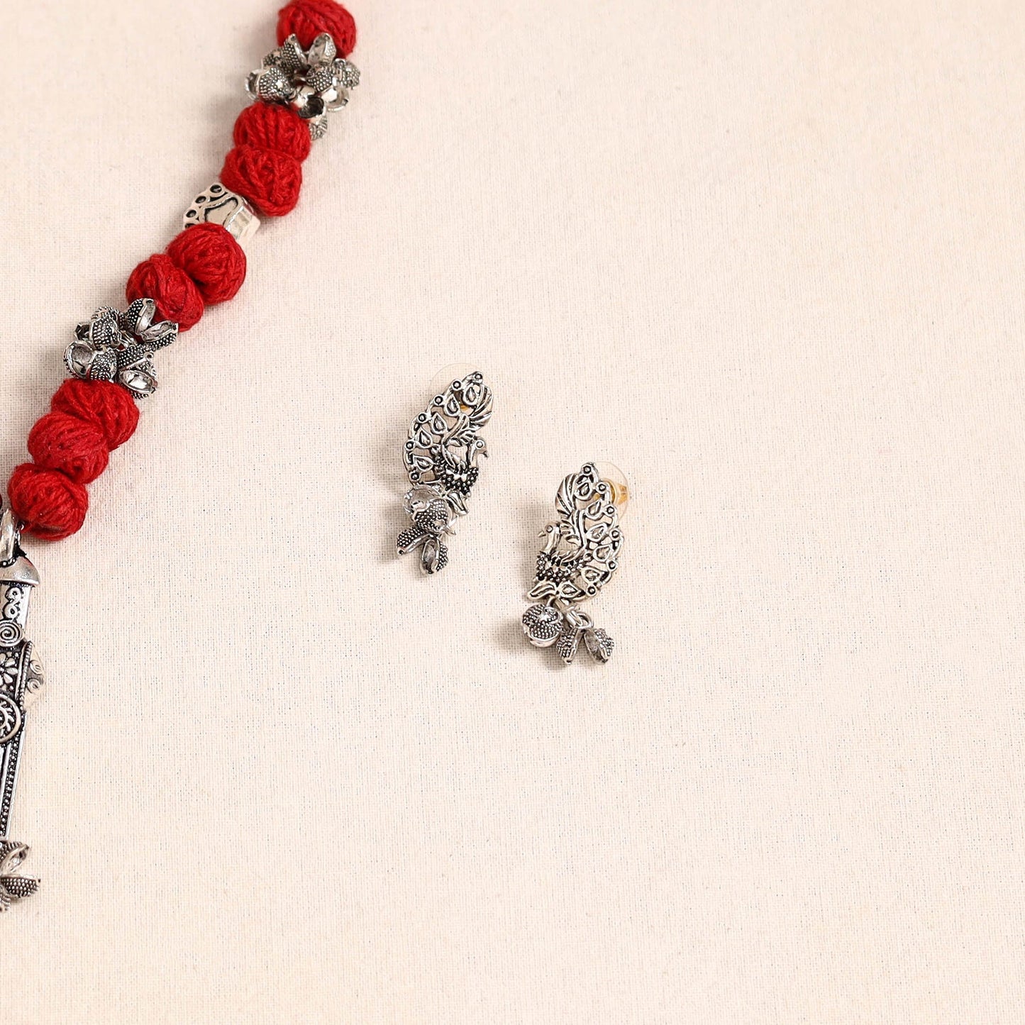 Red - german silver thread beads necklace set 34