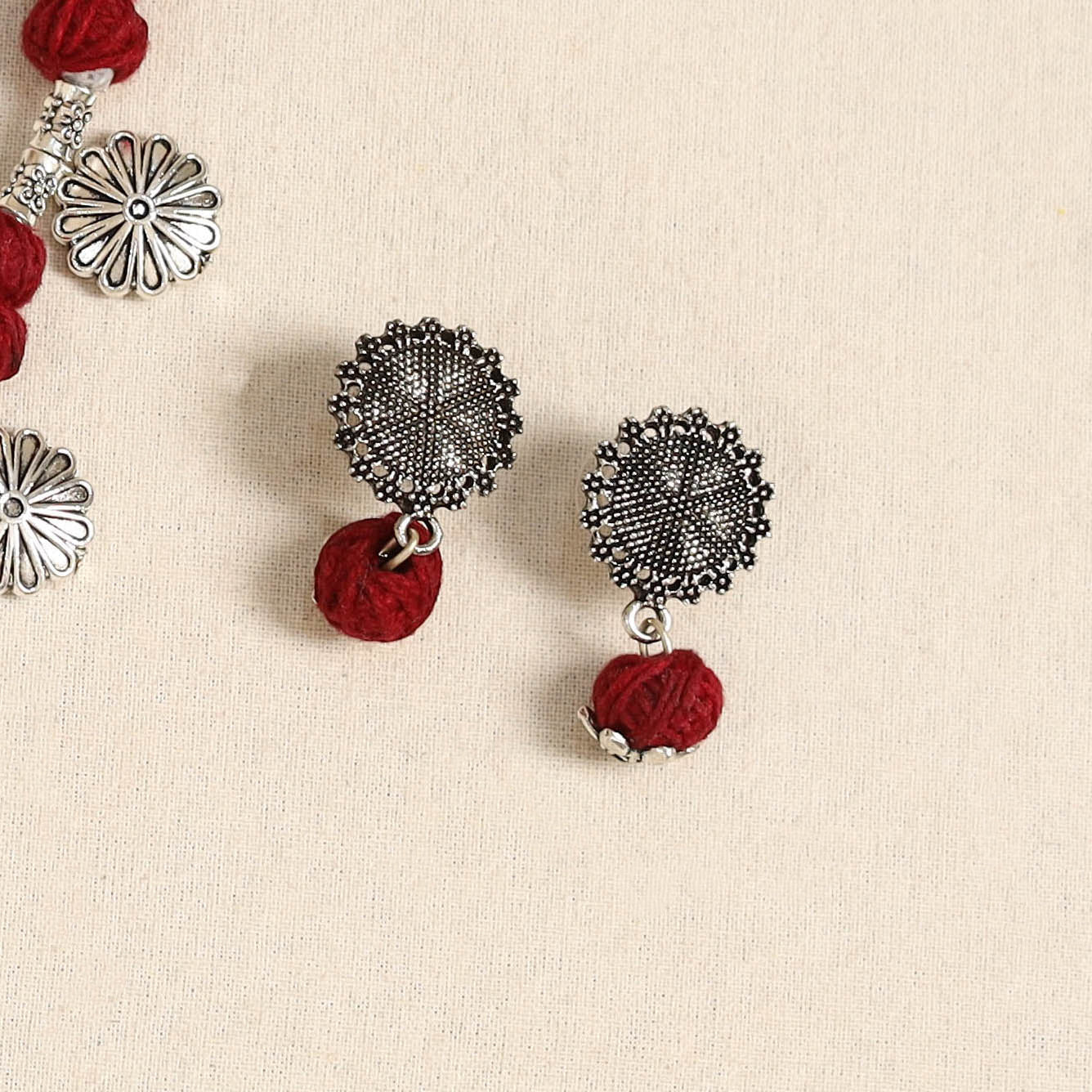 Red - german silver thread beads necklace set 35