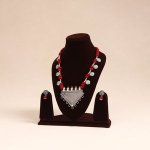 Red - german silver thread beads necklace set 35