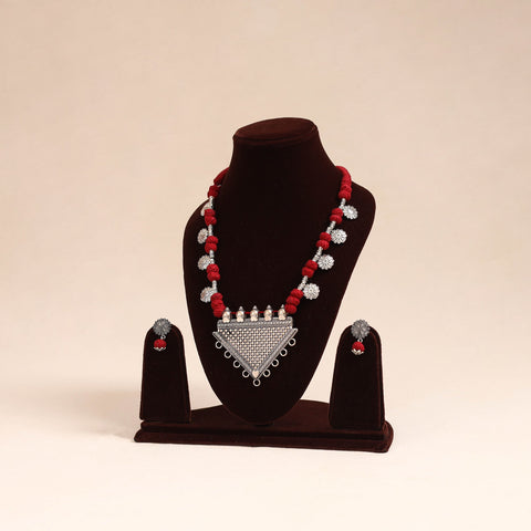 Red - german silver thread beads necklace set 35