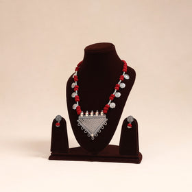 Red - german silver thread beads necklace set 35