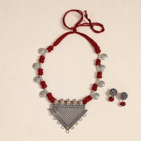 Red - german silver thread beads necklace set 35