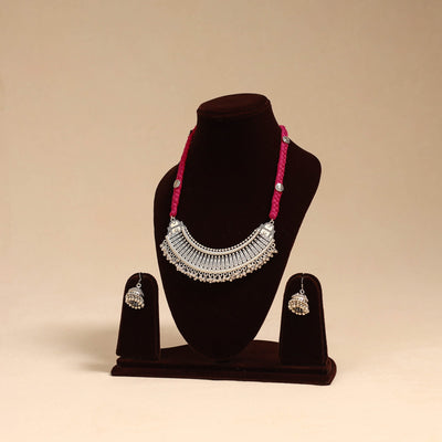 Red - german silver thread braided necklace set 06