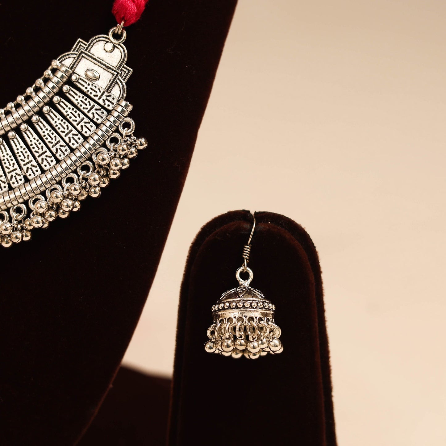 Red - german silver thread braided necklace set 06