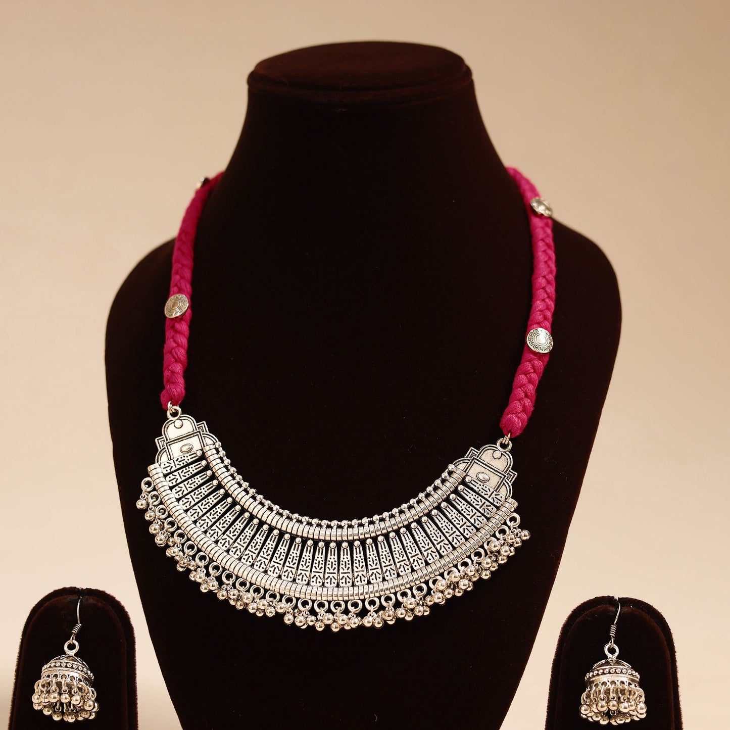 Red - german silver thread braided necklace set 06