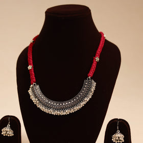 Red - german silver thread braided necklace set 08