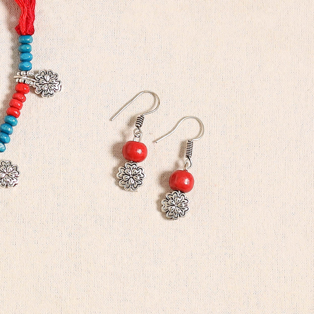 Red - german silver wooden beads necklace set 02