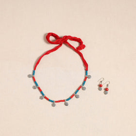 Red - german silver wooden beads necklace set 02