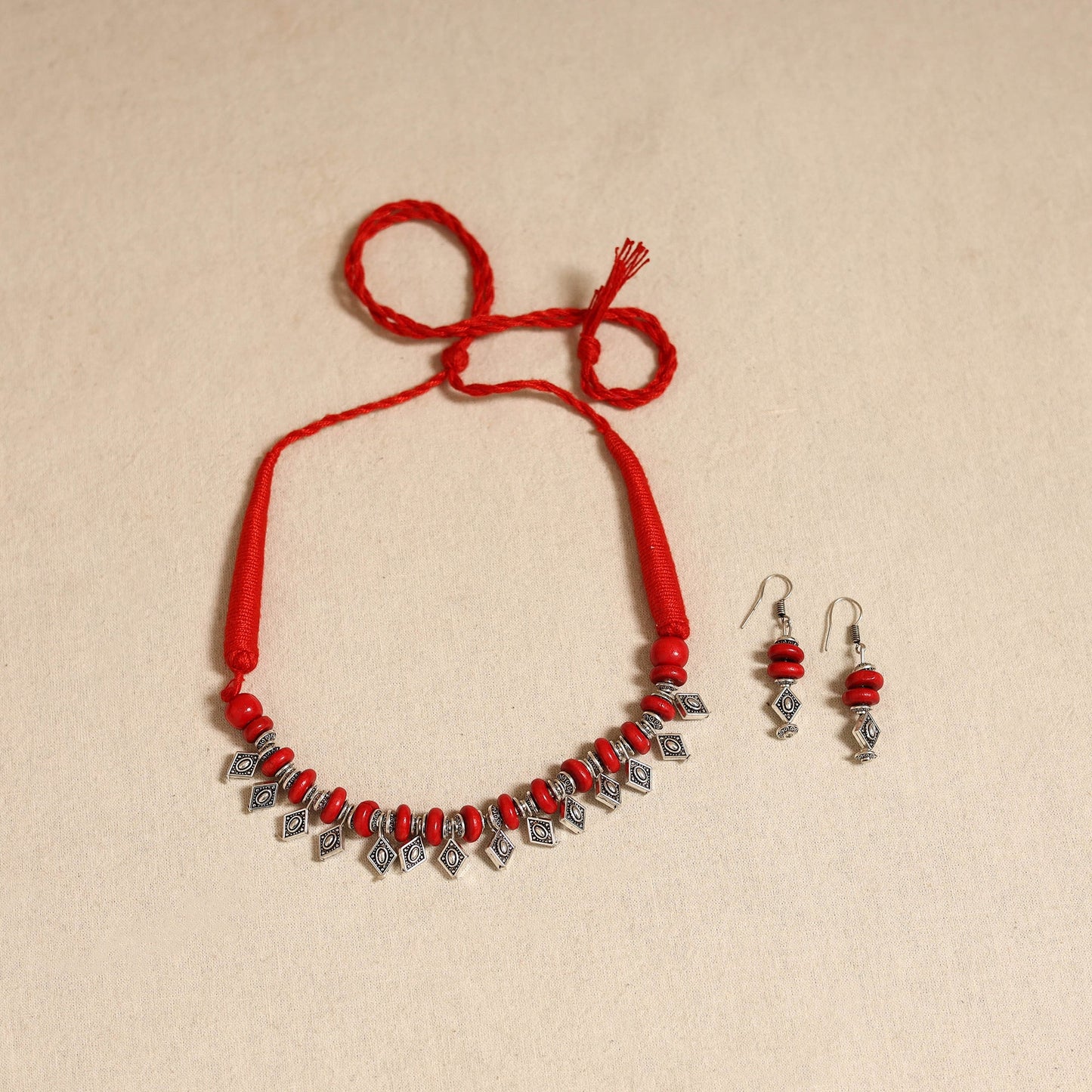 Red - german silver wooden beads necklace set 02