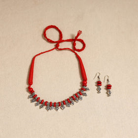 Red - german silver wooden beads necklace set 02