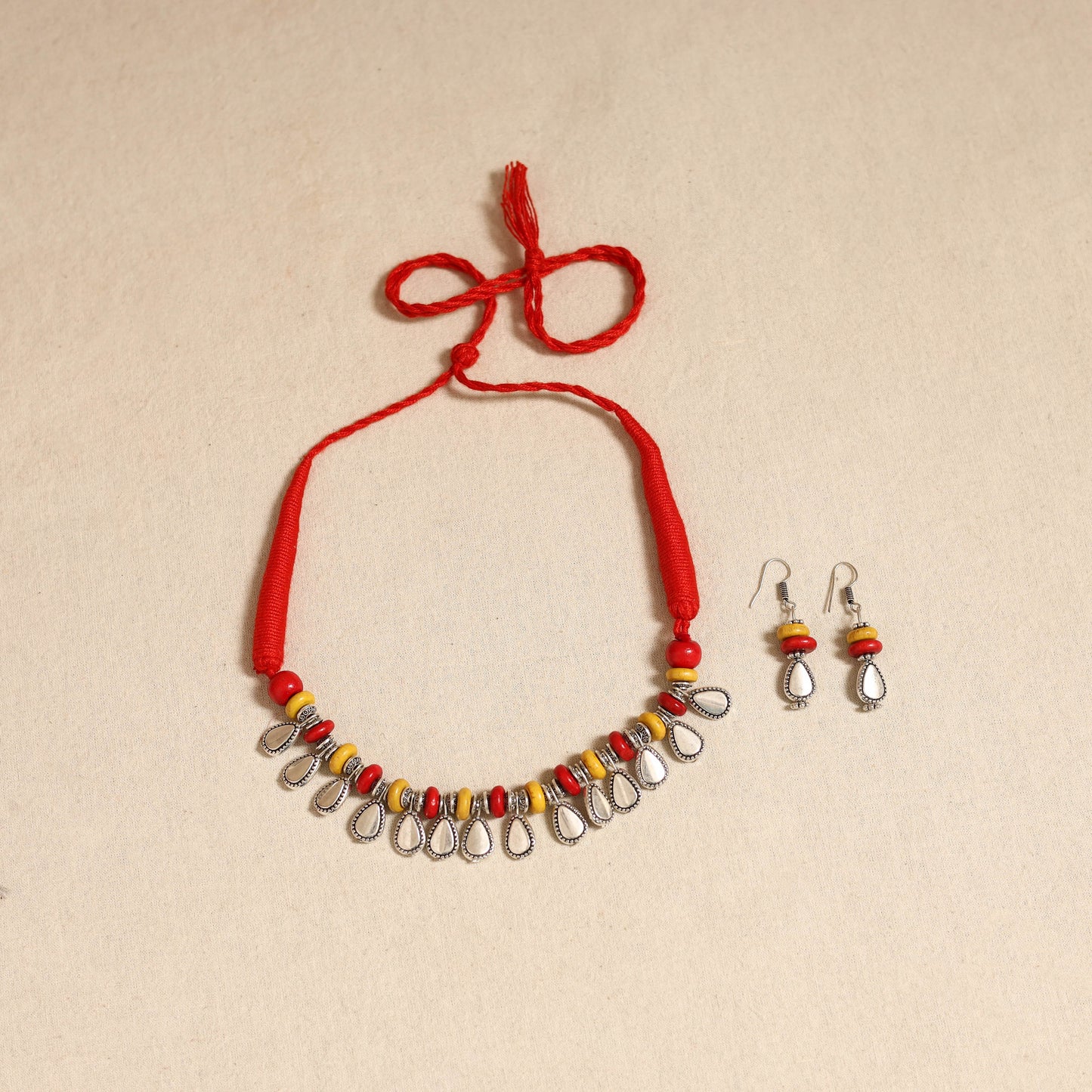 Red - german silver wooden beads necklace set 03