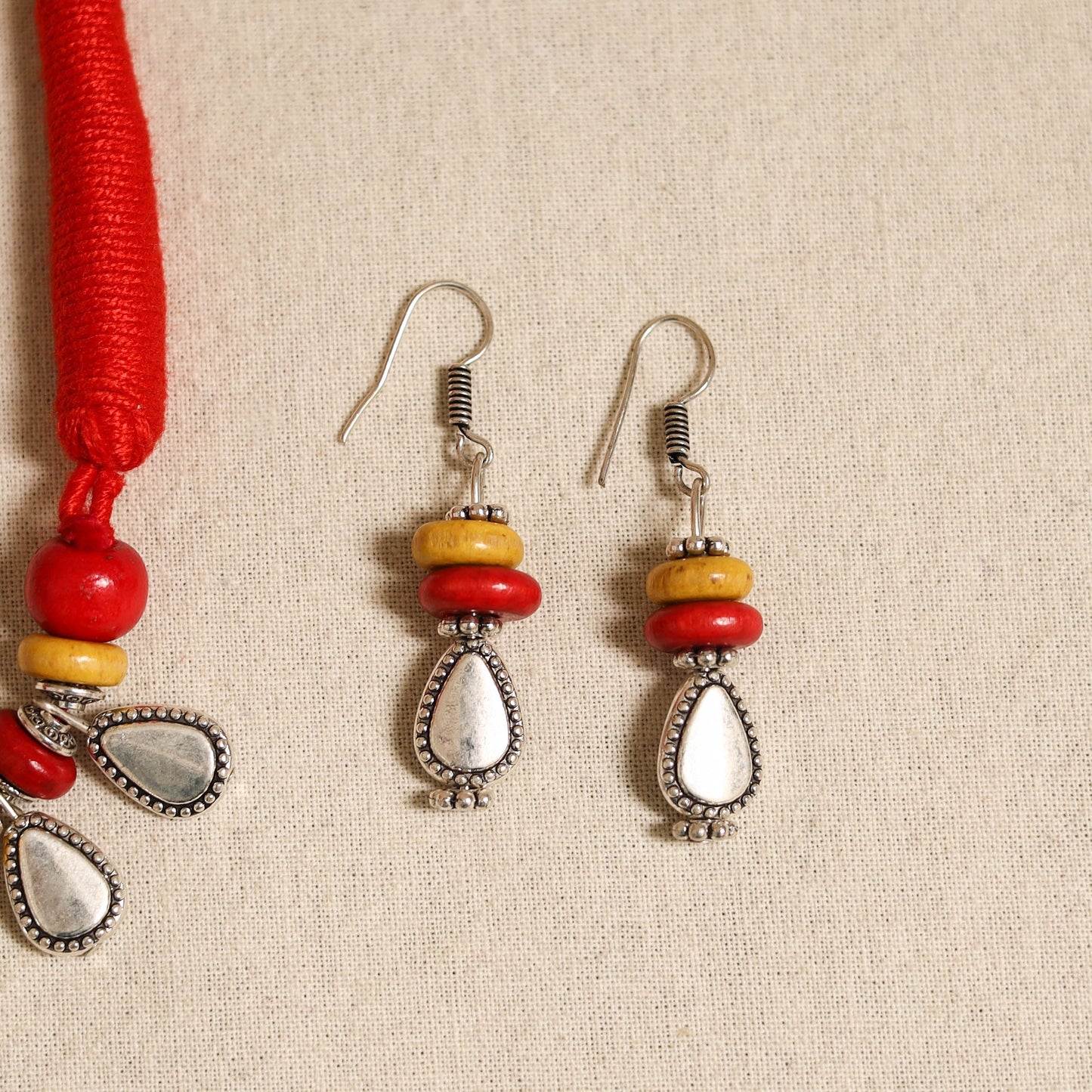 Red - german silver wooden beads necklace set 03