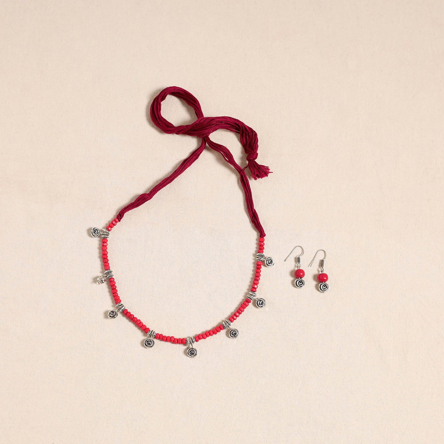 Red - german silver wooden beads necklace set 07