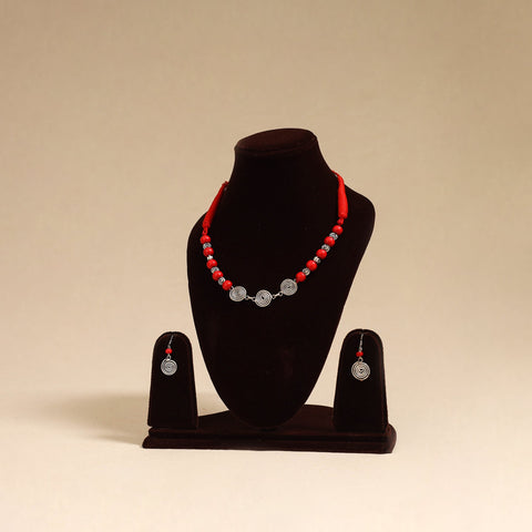 Red - german silver wooden beads necklace set 11