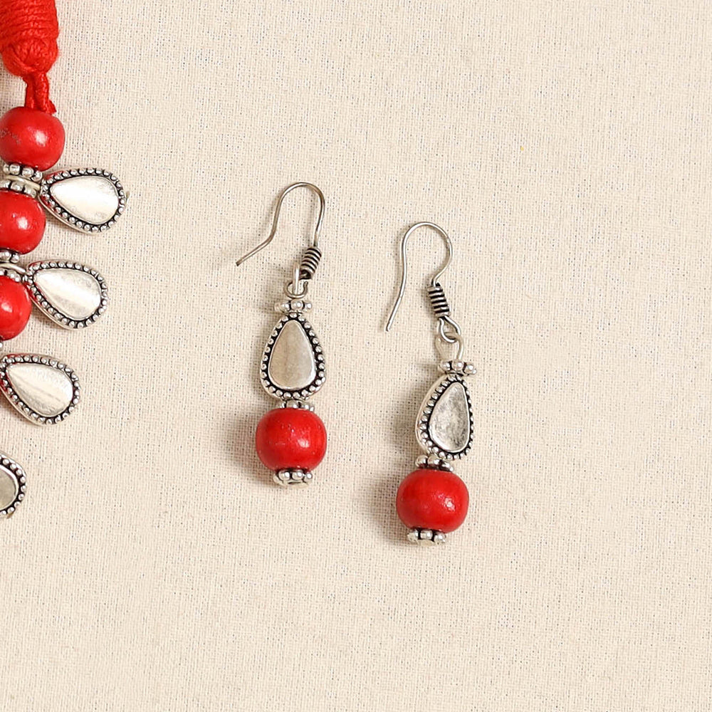 Red - german silver wooden beads necklace set 43