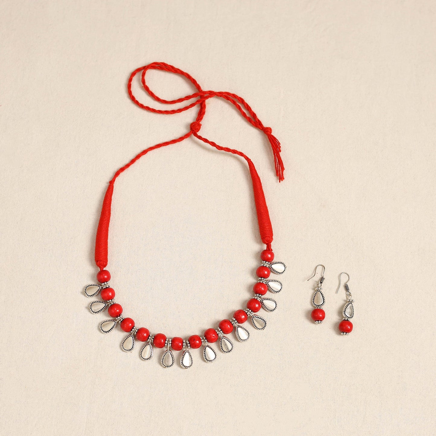Red - german silver wooden beads necklace set 43