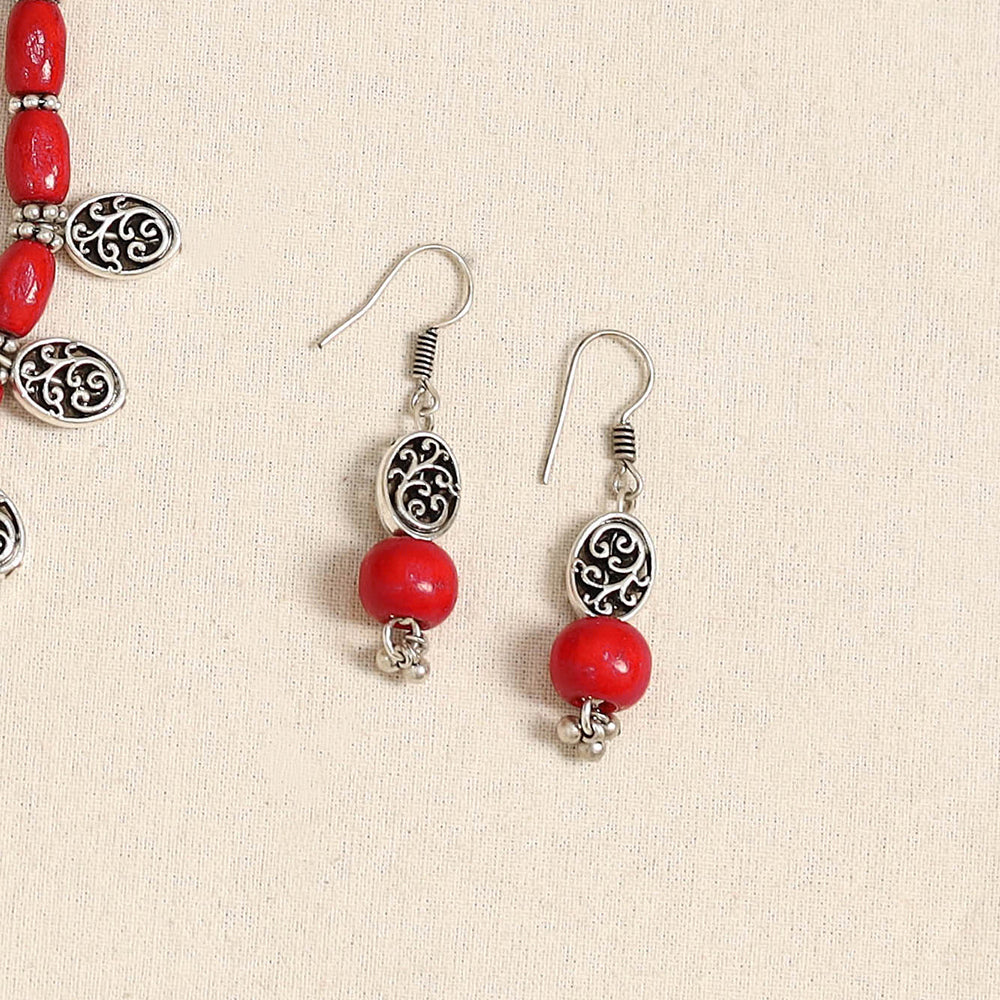 Red - german silver wooden beads necklace set 54