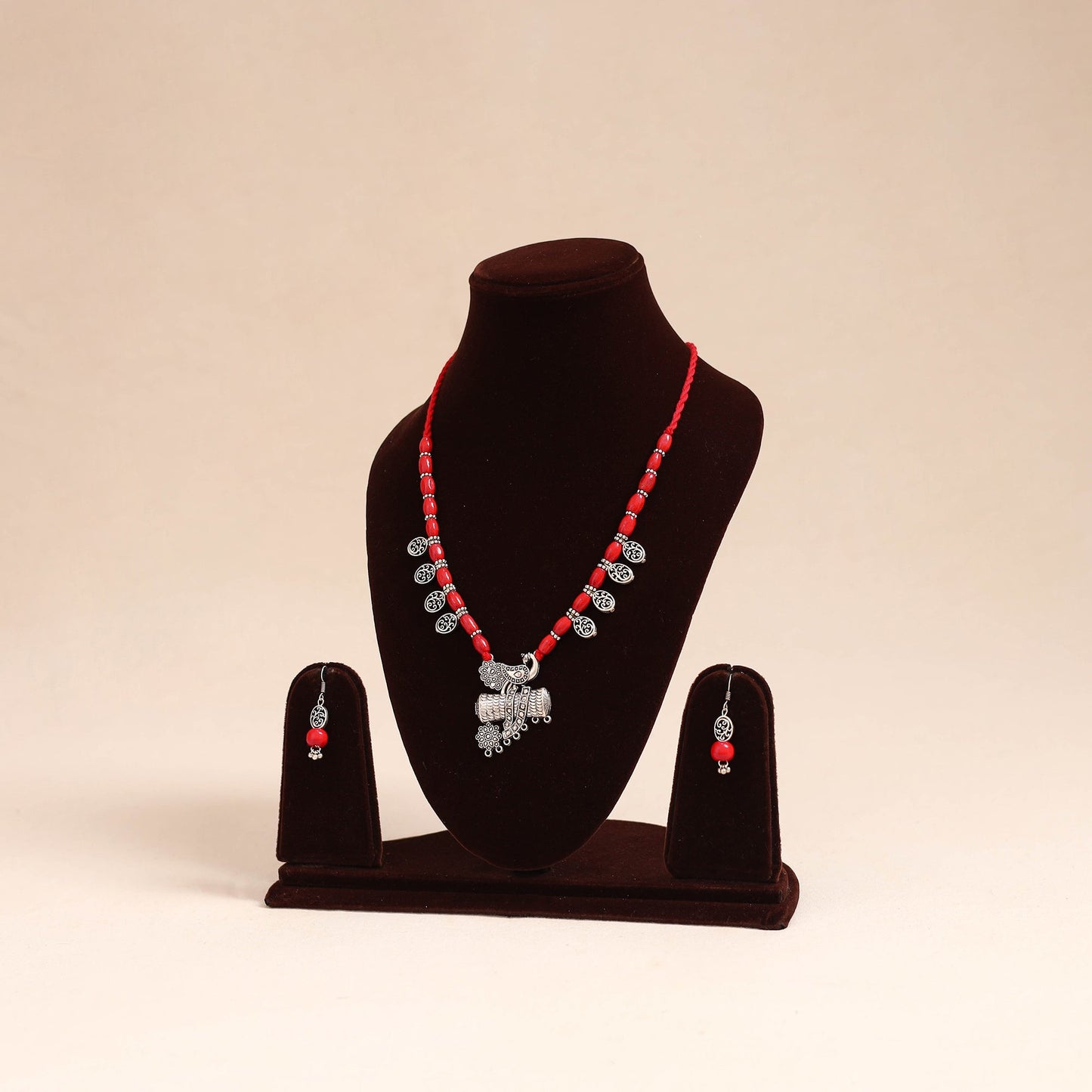 Red - german silver wooden beads necklace set 54