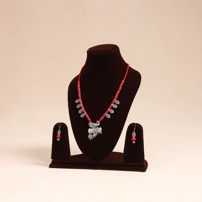 Red - german silver wooden beads necklace set 54