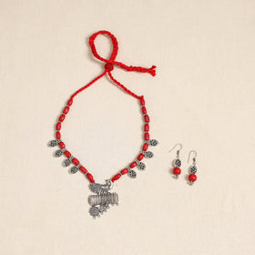 Red - german silver wooden beads necklace set 54