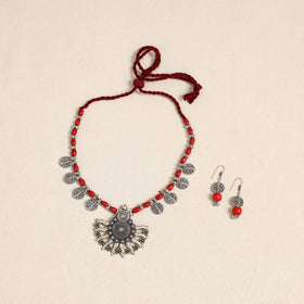 Red - german silver wooden beads necklace set 57
